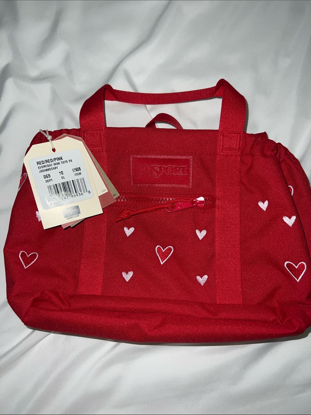 Jansport Red Tote Bag with White Heart Embroidery